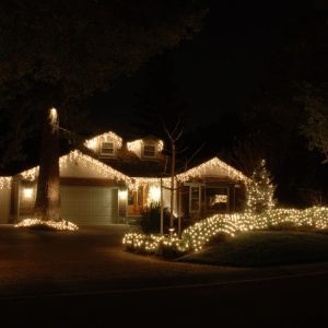 Festively lit home with wrapped trees and bushes, showcasing Christmas light installation by Home Revival